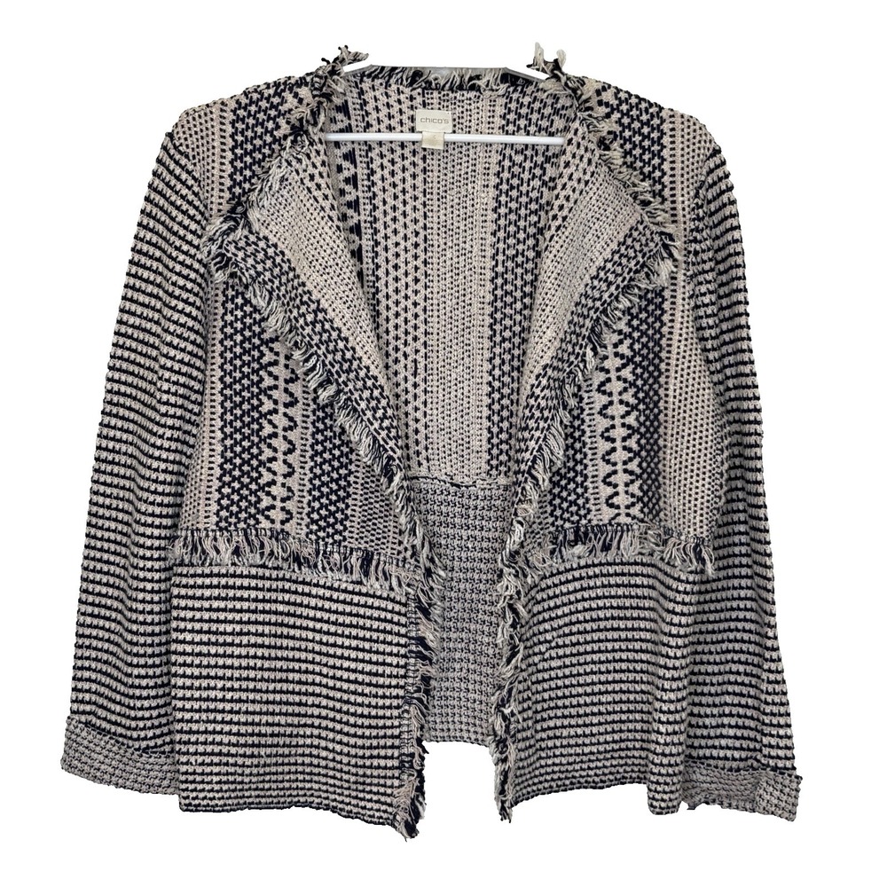 Chico's Sweater Cardigan Womens Size 3 XL Dark Blue Print Long Sleeve Open Front